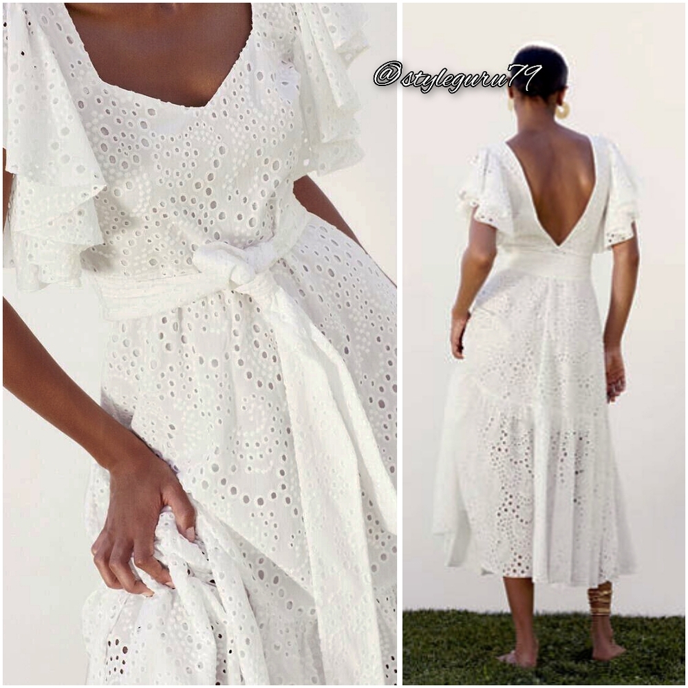NWT, ZARA, White Embroidered Eyelet Midi Dress - Picture 3 of 5